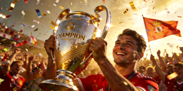 足球明星举起冠军奖杯庆祝胜利的辉煌时刻